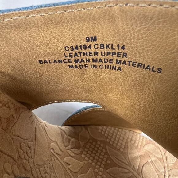 b.o.c. Teal Blue Leather Wedge Slide Sandals Floral Cork Heel Size 9 - Picture 11 of 12